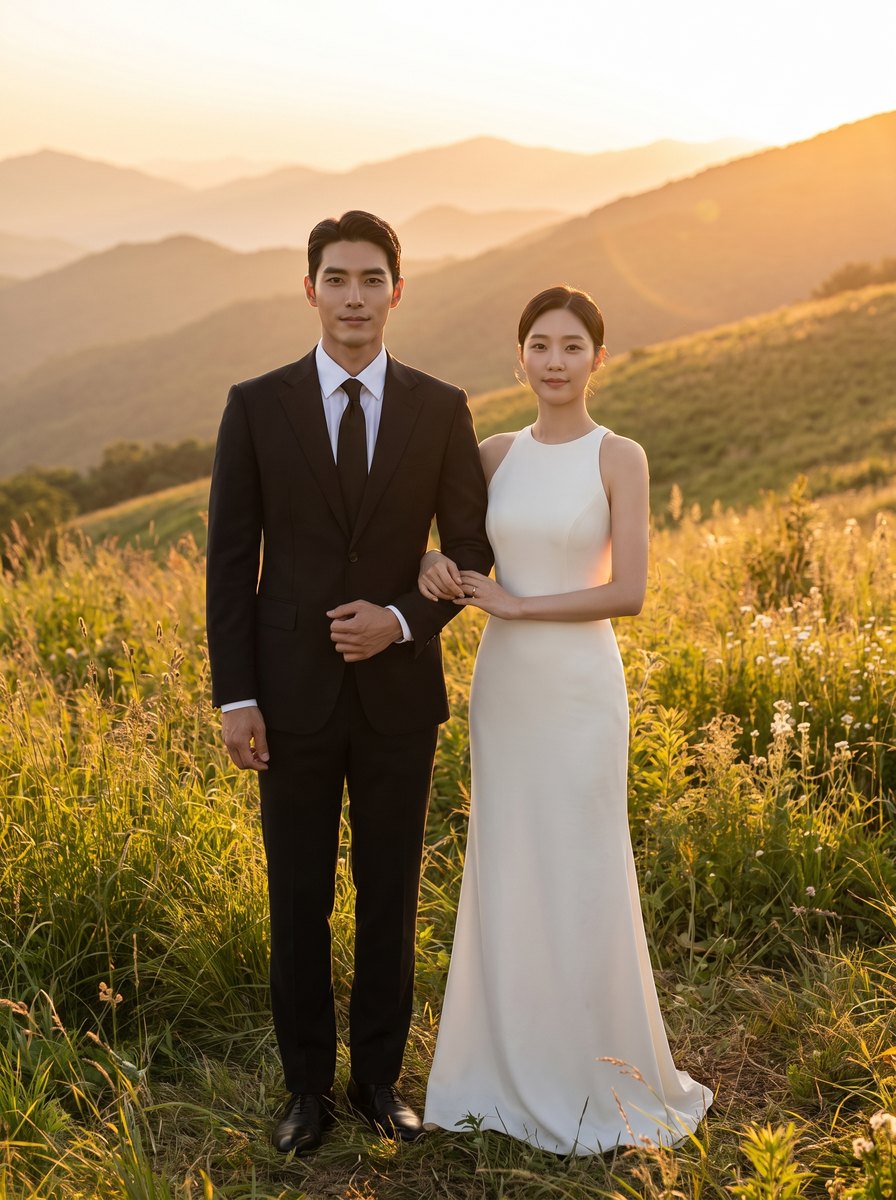 AI 웨딩 화보 — 황금 언덕 전신 컷